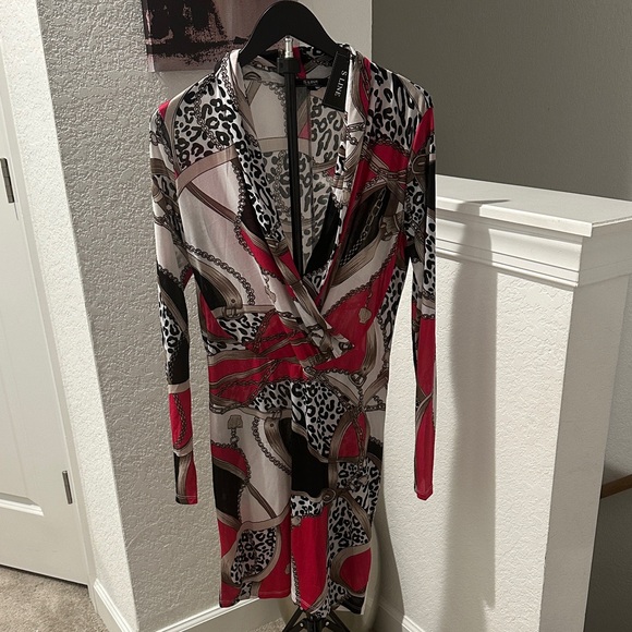 S Line Dresses & Skirts - S.L. Fashions Red Chain & Leopard Print Long Sleeve Wrap Dress